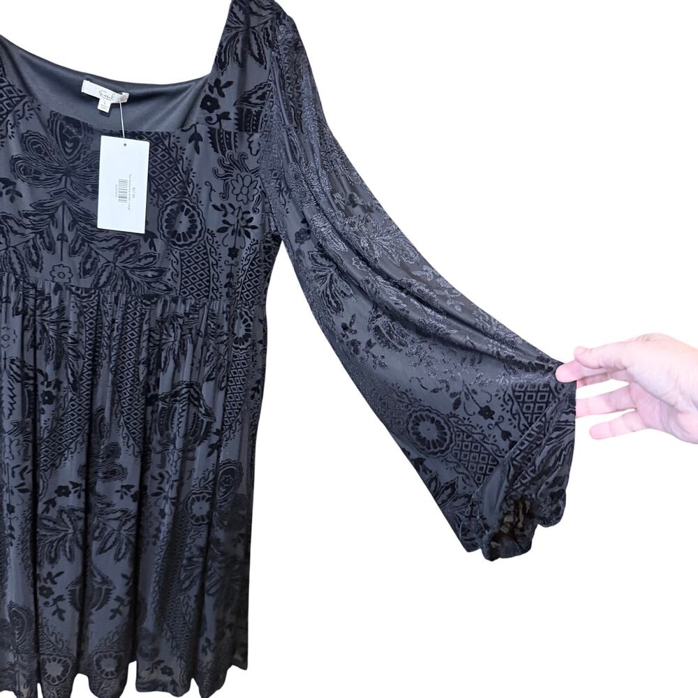 Easel Black Velvet Burnout Boho Babydoll Dress Long Sleeve NWT Large gothic dark - Picture 6 of 9